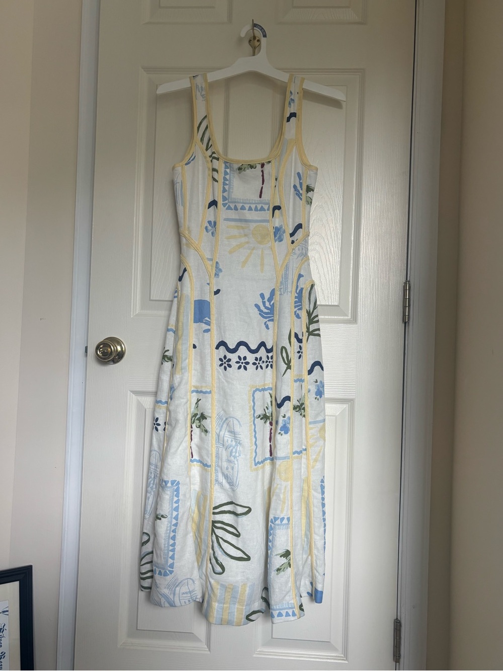 Sleeveless Printed Midi Dress in White and Yellow 
NWT-Caroline Constas brand